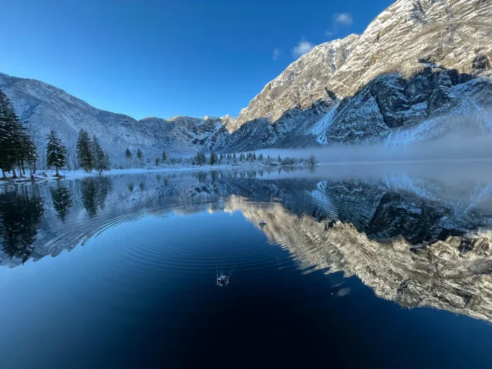 Lake Bohinj wrapped in morning fog, mountains reflected in perfectly still water