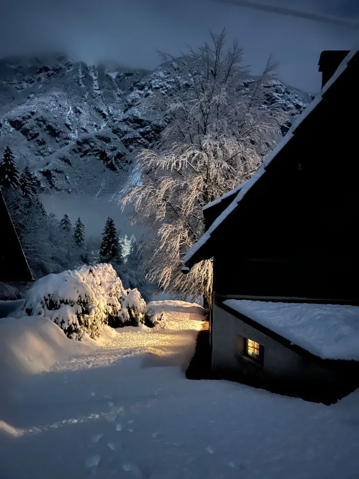 Red Beech Cabin glowing at dusk, deep in snow
